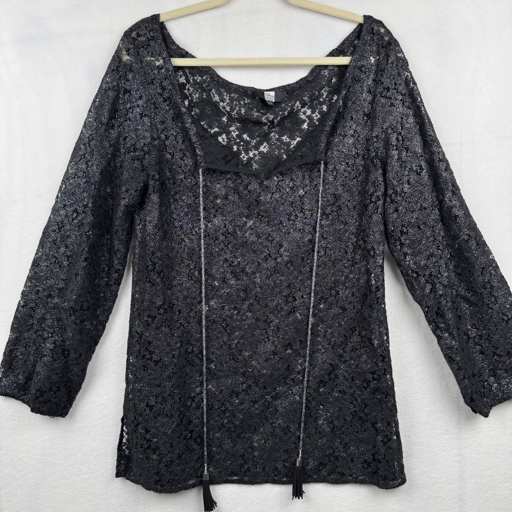 Saks‎ Fifth Avenue Black Lace Tunic Top Silver Detail Tassel Size Small